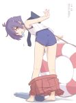  1girl barefoot black_sailor_collar commentary_request food from_behind fujisaki_yuu kantai_collection leaning_forward lifebuoy looking_at_viewer looking_back mouth_hold popsicle purple_eyes purple_hair red_skirt sailor_collar sakawa_(kantai_collection) school_swimsuit school_uniform serafuku short_hair si skirt skirt_removed sleeveless solo swimsuit swimsuit_under_clothes undressing white_background 