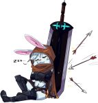 alpha_channel armor arrow artist_trash-muffin big_sword bulge clothed clothing girly hi_res hood humor lagomorph leporid mammal mantle melee_weapon nero rabbit scarf simple_background skimpy sleeping sword thong throwing_knife transparent_background weapon 