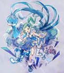  1girl ;d altaria asymmetrical_legwear blue_footwear blue_shorts boots fang floating_hair gen_1_pokemon gen_3_pokemon green_eyes green_hair grey_background hair_ornament kantarou_(8kan) long_hair lucia_(pokemon) machoke midriff navel one_eye_closed open_mouth pokemon pokemon_(game) pokemon_oras short_shorts shorts simple_background single_thighhigh sleeveless smile stomach striped striped_legwear swablu thighhighs 