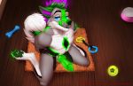  2019 4_toes anthro blue_eyes canid canine canis collar detailed_background digital_media_(artwork) domestic_dog dominant_pov domination first_person_view fur gorsha_pendragon green_nose green_pawpads green_penis green_tongue grey_fur kneeling knot looking_at_viewer male mammal pawpads penis smile solo toes tongue 