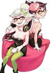  +_+ 2girls aori_(splatoon) artist_name bare_shoulders black_hair breasts cleavage colo_(nagrolaz) dated detached_collar domino_mask feet_out_of_frame gloves green_legwear grey_hair headphones highres hotaru_(splatoon) large_breasts long_hair mask medium_breasts mole mole_under_eye multiple_girls open_mouth parted_lips pink_legwear pointy_ears short_hair sitting smile splatoon_(series) splatoon_1 tentacle_hair white_background white_gloves 