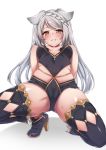  1girl animal_ears arms_behind_back bangs black_legwear blush braid breasts cameltoe cat_ears cleavage commentary_request erune eyebrows_visible_through_hair fraux from_below granblue_fantasy high_heels long_hair looking_at_viewer medium_breasts parted_lips silver_hair skindentation solo spicy_moo swept_bangs thighhighs thighs twintails yellow_eyes 