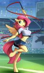  2019 5_fingers absurd_res anthro bottomwear breasts clothed clothing cutie_mark detailed_background digital_media_(artwork) equid equine feathered_wings feathers female fluttershy_(mlp) friendship_is_magic fur hair hi_res mammal midriff miniskirt my_little_pony navel nipple_outline pink_hair pterippus skirt smile standing wings yakovlev-vad yellow_feathers yellow_fur 