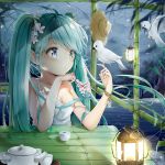  1girl absurdres animal aqua_eyes aqua_hair bamboo bare_arms bare_shoulders bird breasts cleavage collarbone commentary_request dress eyebrows_visible_through_hair flower green_hair hair_flower hair_ornament hat hatsune_miku highres lamp long_hair medium_breasts outdoors pedo0201 solo straw_hat table twintails very_long_hair vocaloid water white_bird white_dress white_flower 
