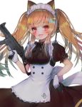  1girl :d alternate_costume animal_ears apron bell black_dress black_neckwear blurry bow bowtie breasts brown_hair cat_ears dress enmaided fang girls_frontline gloves gun hair_ornament hairclip hanato_(seonoaiko) heckler_&amp;_koch highres holding holding_gun holding_weapon jingle_bell kemonomimi_mode long_hair looking_at_viewer maid maid_apron maid_headdress medium_breasts object_namesake open_mouth puffy_short_sleeves puffy_sleeves red_eyes short_sleeves simple_background smile solo submachine_gun trigger_discipline twintails twitter_username ump9_(girls_frontline) upper_body weapon white_apron white_background white_gloves 