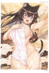  +_+ 1girl absurdres aburidashi_zakuro animal_ears arm_up armpits artist_name blush brown_hair cowboy_shot eyebrows_visible_through_hair fang hair_between_eyes hand_on_own_chest highres long_hair naked_towel open_mouth outdoors page_number purple_eyes scan skin_fang solo tail thighs toranoana towel wading wet 
