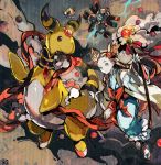  1girl ampharos blue_kimono brown_eyes brown_hair closed_mouth gym_leader holding holding_staff japanese_clothes kantarou_(8kan) kimono long_hair looking_at_viewer magneton mareep mikan_(pokemon) neck_ribbon pokemon pokemon_(game) pokemon_gsc red_ribbon ribbon smile staff very_long_hair 