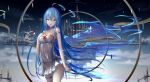  1girl ahoge arm_strap bangs blue_eyes blue_hair blurry blurry_background choker dress hair_between_eyes highres long_hair looking_at_viewer open_mouth original solo standing strapless strapless_dress thigh_strap wangchuan_de_quanyan white_dress 