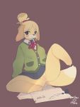  2019 accessory animal_crossing anthro black_eyes blonde_hair blush bodily_fluids bottomwear canid canine canis clothed clothing collar digital_media_(artwork) dipstick_tail domestic_dog electrycpynk female fur genital_fluids hair hair_accessory hair_tie hi_res isabelle_(animal_crossing) looking_at_viewer mammal multicolored_tail necktie nintendo one_leg_raised partially_clothed presenting presenting_pussy pussy pussy_juice pussy_juice_string shih_tzu signature simple_background sitting skirt smile solo spread_legs spreading sweater topwear toy_dog video_games yellow_fur 