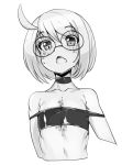  2019 bust_portrait choker clothed clothing cteno eyewear female flat_chested glasses greyscale hair hi_res humanoid jewelry monochrome monster monster_girl_(genre) necklace portrait simple_background skimpy slugbox solo white_background 