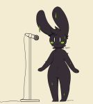  2019 :&lt; anthro aronhilistix biped black_fur blush blush_stickers dark_fur front_view fur hi_res lagomorph leporid long_ears mammal microphone mojito_(aronhilistix) navel no_pupils noseless nude rabbit solo standing white_eyes wide_hips 