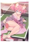  1girl absurdres animal_ears artist_name ass bare_legs blade_(galaxist) blue_eyes blurry breasts covering covering_crotch depth_of_field highres indoors japanese_clothes jewelry kimono looking_at_viewer lying necklace no_panties obi paddle page_number pink_hair sash scan scrunchie short_twintails slippers small_breasts smile solo table_tennis_paddle toranoana twintails wrist_scrunchie yukata 
