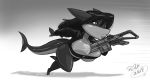  aya big_breasts black_and_white breasts chibi cleavage clothed clothing female fish gun hi_res humor jacket marine monochrome ranged_weapon rifle running science_fiction shark shonuff44 skimpy speed_lines topwear weapon 