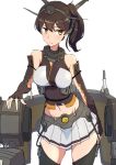  1girl alternate_costume black_gloves black_legwear breasts brown_eyes brown_hair closed_mouth collar comala_(komma_la) cosplay elbow_gloves fingerless_gloves gloves headgear highres kaga_(kantai_collection) kantai_collection looking_at_viewer medium_breasts medium_hair metal_collar midriff nagato_(kantai_collection) nagato_(kantai_collection)_(cosplay) navel rigging side_ponytail simple_background skirt solo striped striped_skirt thighhighs turret upper_body white_background white_skirt 