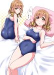  1girl ass bare_legs bare_shoulders barefoot bed_sheet blush breasts brown_hair collarbone eyebrows_visible_through_hair highres kanji kunikida_hanamaru large_breasts long_hair looking_back love_live! love_live!_sunshine!! lying one-piece_swimsuit pink_pillow scrunchie smile solo speech_bubble swimsuit yellow_eyes yopparai_oni 