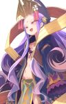  1girl bangs blush breasts chinese_clothes crown facial_mark fate/grand_order fate_(series) forehead_mark hanfu long_hair long_sleeves navel open_mouth parted_bangs pelvic_curtain pink_eyes purple_hair ribbon_bra simple_background small_breasts smile solo string_bra tassel ukkari_chabangeki very_long_hair white_background wide_sleeves wu_zetian_(fate/grand_order) 