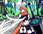  absurd_res armor artist_dirtyscoundrel big_sword bulge clothed clothing cowl forest giant_sword girly hi_res hood lagomorph leporid mammal mantle medieval_fantasy melee_weapon nero rabbit skimpy stone_pavement sword throwing_knife tree weapon 