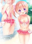  1girl :d arms_behind_back bangs bare_shoulders beach bikini blue_sky blush bow bow_bikini breasts cleavage collarbone commentary_request day eyebrows_visible_through_hair flower gochuumon_wa_usagi_desu_ka? hair_between_eyes hair_bow hair_flower hair_ornament head_out_of_frame head_tilt horizon hoto_cocoa light_brown_hair looking_at_viewer medium_breasts multiple_views navel ocean open_mouth outdoors palm_tree parted_lips pink_bikini polka_dot polka_dot_bikini purple_eyes ribbon-trimmed_bikini ribbon_trim rikatan sand side_ponytail sky smile sunlight swimsuit tree wading water white_bow white_flower 