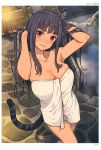  1girl :3 absurdres animal_ears artist_name black_hair breasts cleavage dutch_angle eyebrows_visible_through_hair hair_lift hamashima_shigeo head_tilt highres large_breasts long_hair looking_at_viewer naked_towel outdoors page_number red_eyes scan sidelocks smile solo standing steam tail tiger_ears tiger_tail toranoana towel wet 