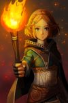  1girl aqua_eyes black_gloves blonde_hair braid cape commentary crown_braid expressionless fingerless_gloves fire flame gloves hair_ornament hairclip highres holding holding_torch hood hood_down long_sleeves looking_at_viewer pointy_ears princess_zelda redpoke short_hair solo the_legend_of_zelda the_legend_of_zelda:_breath_of_the_wild the_legend_of_zelda:_breath_of_the_wild_2 torch 