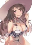  1girl :d alternate_costume arm_up bangs bare_legs bare_shoulders bikini blush breasts brown_hair cleavage collarbone cowboy_shot eyebrows_visible_through_hair flower flower_necklace frilled_bikini frilled_bikini_top frills groin hair_between_eyes hand_on_headwear hat highres idolmaster idolmaster_shiny_colors jewelry large_breasts large_hat long_hair looking_at_viewer midriff necklace open_mouth plaid plaid_bikini red_eyes sidelocks simple_background smile solo sun_hat swept_bangs swimsuit tsukioka_kogane white_background yumekui 