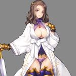  1girl ass_visible_through_thighs bangs breasts bright_pupils brown_hair cleavage cleavage_cutout commentary_request cowboy_shot eiyuu_senki greaves grey_background hair_ornament highres jewelry large_breasts long_hair looking_at_viewer necklace ooyari_ashito parted_bangs parted_lips purple_eyes robe simple_background solo string_panties sword thighhighs weapon wrist_cuffs 