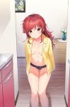  1girl areola_slip areolae ass_visible_through_thighs black_panties blurry blurry_background breasts chigusa_asuha closed_mouth commentary_request depth_of_field eyebrows_visible_through_hair indoors jpeg_artifacts long_hair looking_at_viewer navel no_pants open_clothes open_shirt panties qualidea_code red_eyes red_hair sekiya_asami small_breasts solo standing underwear 