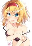  1girl :o absurdres alice_margatroid bangs bare_arms bare_shoulders bikini black_bikini blonde_hair blue_eyes blush breast_hold breasts cleavage collarbone commentary_request cowboy_shot embarrassed fang hair_between_eyes hairband heart highres large_breasts leaning_forward looking_at_viewer nenobi_(nenorium) open_mouth short_hair signature simple_background solo strap_slip sweat swimsuit touhou white_background 