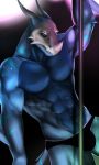  2019 anthro blue_body bulge clothed clothing hi_res horn lizard looking_at_viewer male mask mizutatsu_tsunami muscular muscular_male navel pole purple_eyes reptile scalie simple_background skimpy skull_mask smile solo stripper_pole tipsycanvas underwear 