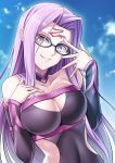  1girl black_dress black_sleeves blue_sky breasts cleavage cleavage_cutout cloud collarbone commentary_request detached_sleeves dress facial_mark fate/grand_order fate_(series) forehead_mark glasses highres imada_kozue large_breasts long_hair looking_at_viewer purple_eyes purple_hair rider sidelocks sky smile solo very_long_hair 