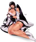  1girl artist_name black_hair black_wings bowalia breasts cleavage dead_or_alive dead_or_alive_5 detached_sleeves feathered_wings hair_ornament japanese_clothes large_breasts long_hair looking_at_viewer mole mole_under_mouth nyotengu open_mouth purple_eyes sitting smile solo thick_thighs thighs white_legwear wings 