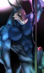  2019 anthro balls blue_body erection hi_res horn humanoid_penis lizard looking_at_viewer male mask mizutatsu_tsunami muscular muscular_male navel nude penis pole purple_eyes reptile scalie simple_background skull_mask smile solo stripper_pole tipsycanvas 