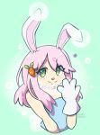  2019 anthro blue_fur blush breasts bubble bust_portrait carrot clothed clothing digital_media_(artwork) female food fur gloves green_eyes hair handwear hi_res lagomorph leporid looking_at_viewer mammal paws plant portrait qixzy rabbit simple_background small_breasts smile solo usawa_fuwakaru vegetable white_fur 