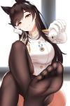  1girl animal_ears atago_(azur_lane) azur_lane bangs black_hair black_legwear blurry blurry_background blush bottle breasts brown_eyes closed_mouth commentary_request crossed_legs damao_yu extra_ears eyebrows_visible_through_hair feet foot_up gloves hair_ribbon head_on_hand head_tilt highres holding holding_bottle indoors jacket large_breasts long_hair looking_at_viewer military military_uniform mole mole_under_eye pouring revision ribbon sidelocks sitting smile soles solo swept_bangs thighhighs toes uniform white_jacket white_ribbon 