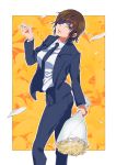  1girl black_neckwear black_suit bouquet brown_eyes brown_hair chainsaw_man cigarette eyepatch flower highres himeno_(chainsaw_man) holding holding_bouquet namidame_(mext) necktie office_lady short_hair simple_background solo standing 
