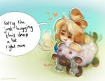  &lt;3 2019 animal_crossing anthro blush bovid buckteeth canid canine canis caprine domestic_dog duo english_text eyes_closed female fur happy hug isabelle_(animal_crossing) mammal nintendo open_mouth panken pok&eacute;mon pok&eacute;mon_(species) sheep simple_background speech_bubble standing teeth text video_games wagging white_fur wool_(disambiguation) wooloo yellow_fur 