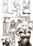  1boy 4girls ? alarm_clock animal_ears ass breasts carmilla_(fate/grand_order) cellphone chaldea_uniform cleavage clock commentary_request crossed_arms curly_hair fake_animal_ears fang fate/grand_order fate_(series) fleeing fue_(rhomphair) fujimaru_ritsuka_(female) greyscale hairband hat highres horns jack_the_ripper_(fate/apocrypha) large_breasts long_hair monochrome multiple_girls naked_sheet nursery_rhyme_(fate/extra) phone pointy_ears running short_hair sideboob sleepy smartphone speech_bubble spoken_question_mark waking_up 