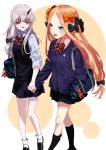  2girls abigail_williams_(fate/grand_order) bag bags_under_eyes bangs black_bow blonde_hair blue_eyes bow cardigan fate/grand_order fate_(series) highres holding_hands horn lavinia_whateley_(fate/grand_order) long_hair multiple_girls open_mouth orange_bow parted_bangs pleated_skirt polka_dot polka_dot_bow purple_bow school_bag school_uniform skirt sleeves_rolled_up very_long_hair yomosaka 