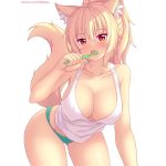  1girl animal_ear_fluff animal_ears ass_visible_through_thighs bangs blonde_hair blue_panties blush breasts brushing_teeth cat_ears cat_tail cleavage collarbone eyebrows_visible_through_hair fast-runner-2024 highres large_breasts leaning_forward long_hair looking_at_viewer open_mouth original panties patreon_username ponytail red_eyes slit_pupils solo tail tank_top tiffy underwear watermark web_address white_background 