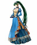  1girl blue_dress breasts cleavage closed_eyes delsaber dress earrings fire_emblem frilled_sleeves frills gift green_hair head_tilt highres jewelry long_hair lyndis_(fire_emblem) necklace ponytail smile 