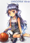  1girl alternate_costume azur_lane basketball basketball_uniform blue_background dallas_mavericks highres long_hair national_basketball_association purple_eyes purple_hair shoes shoes_removed sneakers sportswear stuffed_animal stuffed_toy unicorn_(azur_lane) yakkuro 