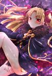  1girl bangs between_legs black_cape black_dress blonde_hair blush breasts cape closed_mouth commentary_request dress earrings ereshkigal_(fate/grand_order) eyebrows_visible_through_hair fate/grand_order fate_(series) forehead fur-trimmed_cape fur_trim hair_ribbon hand_between_legs infinity jewelry long_sleeves maki_soutoki medium_breasts multicolored multicolored_cape multicolored_clothes parted_bangs purple_background purple_ribbon red_cape red_eyes ribbon sidelocks skull solo spine tiara two_side_up 