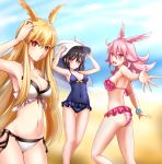  3girls bikini black_hair black_swimsuit blonde_hair blue_sky bracelet breasts cape_removed capelet cleavage commentary_request day fate/grand_order fate_(series) frilled_bikini frills front-tie_bikini front-tie_top highres hildr_(fate/grand_order) hood hooded_capelet jewelry large_breasts long_hair looking_at_viewer medium_breasts medium_hair multiple_girls nagishy one-piece_swimsuit ortlinde_(fate/grand_order) outstretched_hand pink_bikini pink_hair red_eyes short_hair side-tie_bikini sky small_breasts swimsuit thrud_(fate/grand_order) valkyrie_(fate/grand_order) white_bikini 