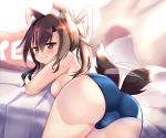  1girl absurdres afterimage animal_ears ass azur_lane bedroom black_hair blush breasts closed_mouth commentary_request curtains eyebrows_visible_through_hair eyes_visible_through_hair fang fang_out furrowed_eyebrows hair_between_eyes highres indoors long_hair looking_at_viewer moneko1107 on_bed pink_curtains red_eyes shigure_(azur_lane) smile solo tail tail_wagging wolf_ears wolf_girl wolf_tail 