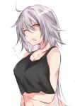  1girl absurdres bangs bare_arms bare_shoulders black_tank_top blush breasts cleavage collarbone commentary_request crop_top eyebrows_visible_through_hair fate/grand_order fate_(series) hair_between_eyes highres jeanne_d&#039;arc_(alter)_(fate) jeanne_d&#039;arc_(fate)_(all) large_breasts long_hair looking_away one_eye_closed open_mouth silver_hair simple_background solo tank_top upper_body very_long_hair waking_up white_background yellow_eyes yuki_maccha_(yukimattya10) 