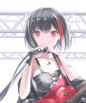  1girl bang_dream! black_choker black_corset black_hair black_jacket breasts choker cleavage commentary_request earrings electric_guitar eyelashes guitar highres holding holding_microphone instrument jacket jewelry large_breasts looking_at_viewer microphone microphone_stand mitake_ran multicolored_hair necklace off_shoulder open_clothes open_jacket red_eyes red_hair red_skirt shirt short_hair skirt solo streaked_hair tattoo torn_clothes torn_shirt totosionz upper_body white_background 