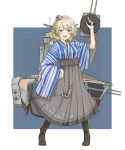  1girl alternate_costume anchor bangs blonde_hair blue_eyes blush boots breasts clock colorado_(kantai_collection) cross-laced_footwear dated eyebrows_visible_through_hair full_body garrison_cap hakama hakama_skirt hat headgear holding japanese_clothes kantai_collection kawashina_(momen_silicon) kimono lace-up_boots long_sleeves meiji_schoolgirl_uniform open_mouth rigging school_uniform signature solo standing striped tasuki wide_sleeves 