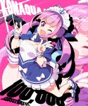  1girl anchor_symbol breasts cleavage commentary_request drill_hair english_text full_body hair_ribbon highres hoppege long_hair looking_at_viewer maid_headdress medium_breasts minato_aqua multicolored_hair one_eye_closed playstation_controller purple_eyes purple_hair ribbon solo twin_drills v virtual_youtuber 