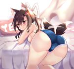  1girl afterimage animal_ears ass azur_lane bedroom black_hair blush breasts closed_mouth curtains eyebrows_visible_through_hair eyes_visible_through_hair fang fang_out furrowed_eyebrows hair_between_eyes highres indoors long_hair looking_at_viewer moneko1107 on_bed pink_curtains red_eyes shigure_(azur_lane) smile solo tail tail_wagging wolf_ears wolf_girl wolf_tail 