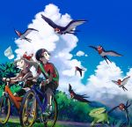  1boy 1girl bicycle bike_shorts black_pants black_shorts blue_sky bow brown_eyes brown_hair castform cloud collarbone day electrike gen_3_pokemon ground_vehicle hair_bow hairband haruka_(pokemon) hat jacket looking_back outdoors pants pokemon pokemon_(creature) pokemon_(game) pokemon_rse popcorn_91 red_hairband red_jacket red_shirt riding shirt short_shorts short_sleeves shorts shorts_under_shorts sky sleeveless sleeveless_shirt striped striped_bow taillow white_headwear white_shorts yuuki_(pokemon) 